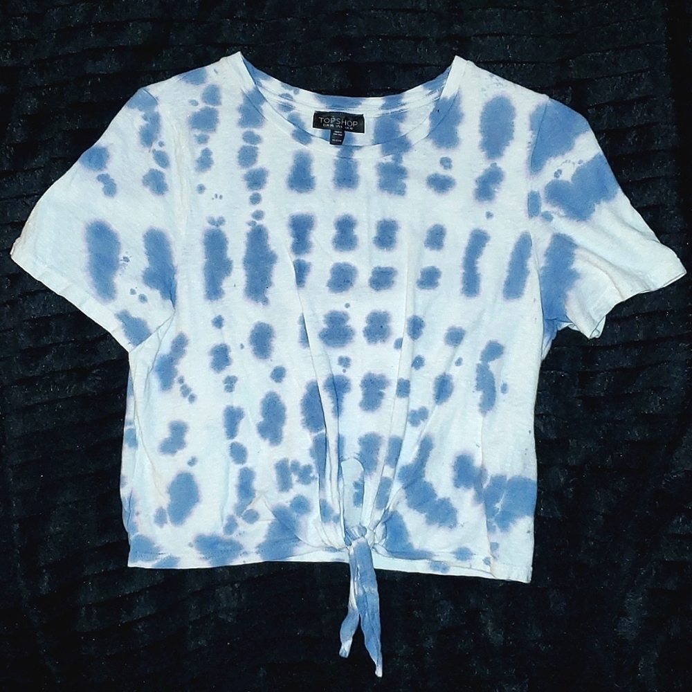 Topshop SZ 6 Baby Blue/White Tye Dye Tied Crop Top